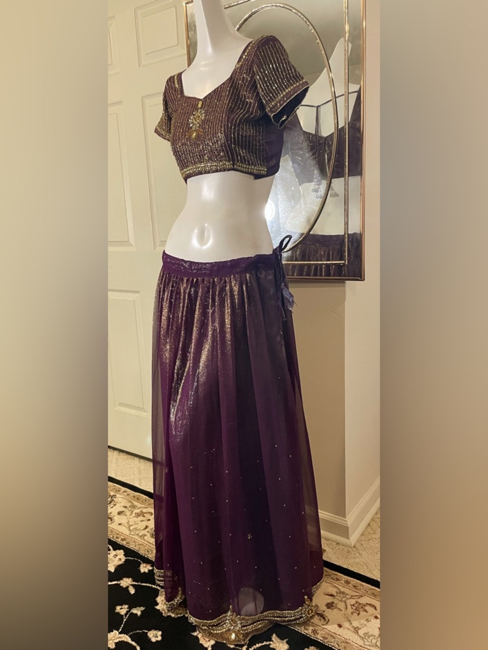 Purple Two-Piece Ethnic Skirt Set with Gold Accents